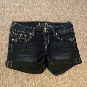Dark Denim Shorts with Embroidery on pockets